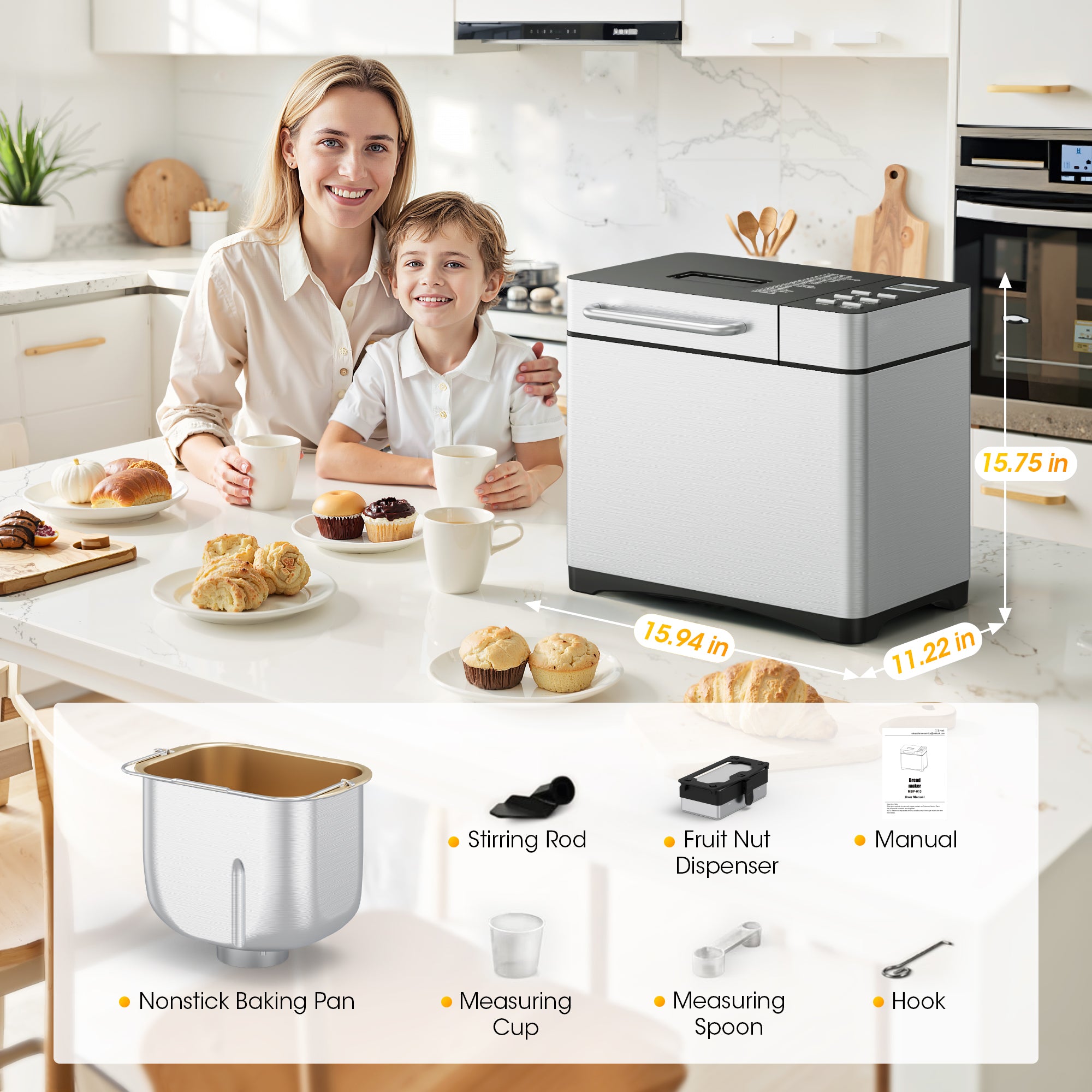 Nepsam 1.5LB & 2LB Bread Maker, 19 Preset Programmes, 3 Crust Colour Settings, 360° Baking, Keep-warm and Timer Functions, Silver