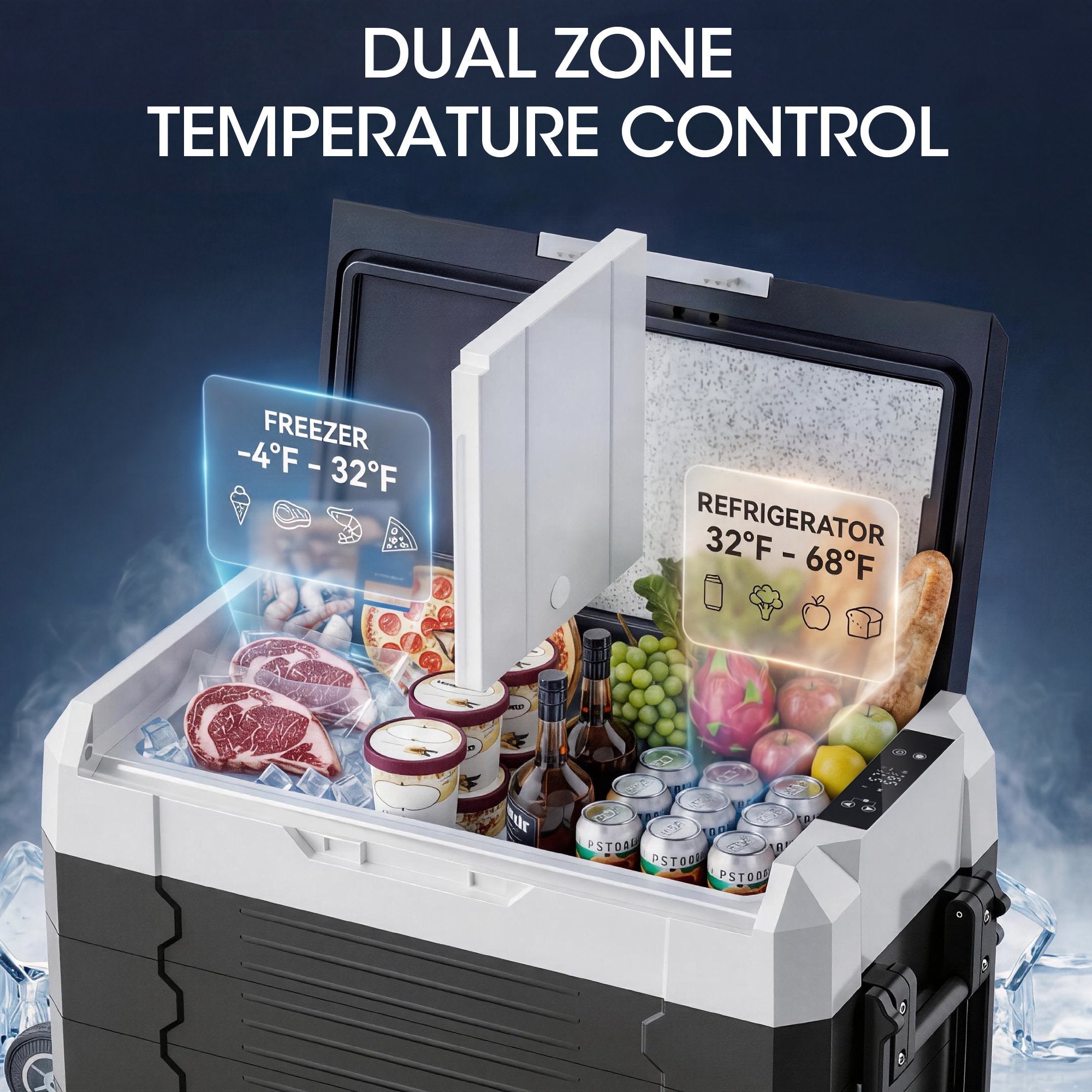 Nepsam 58QT Portable Car Refrigerator, Dual Zone, APP Control, 12V/24V & 100-240V, for RV, Camping & Home