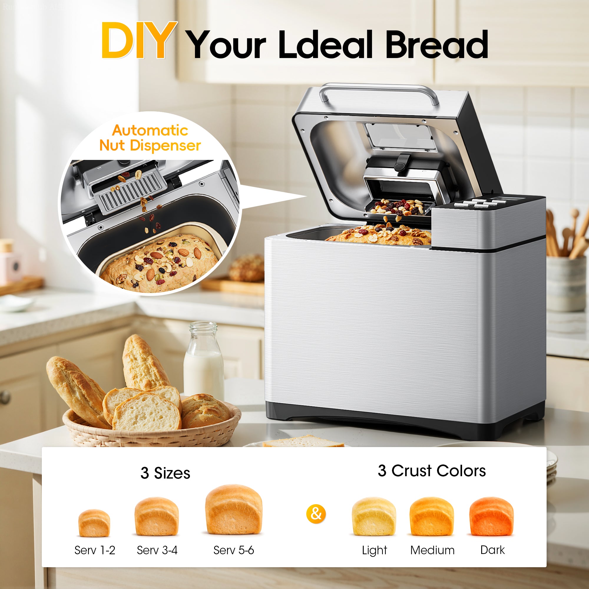 Nepsam 1.5LB & 2LB Bread Maker, 19 Preset Programmes, 3 Crust Colour Settings, 360° Baking, Keep-warm and Timer Functions, Silver