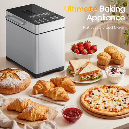 Nepsam 1.5LB & 2LB Bread Maker, 19 Preset Programmes, 3 Crust Colour Settings, 360° Baking, Keep-warm and Timer Functions, Silver