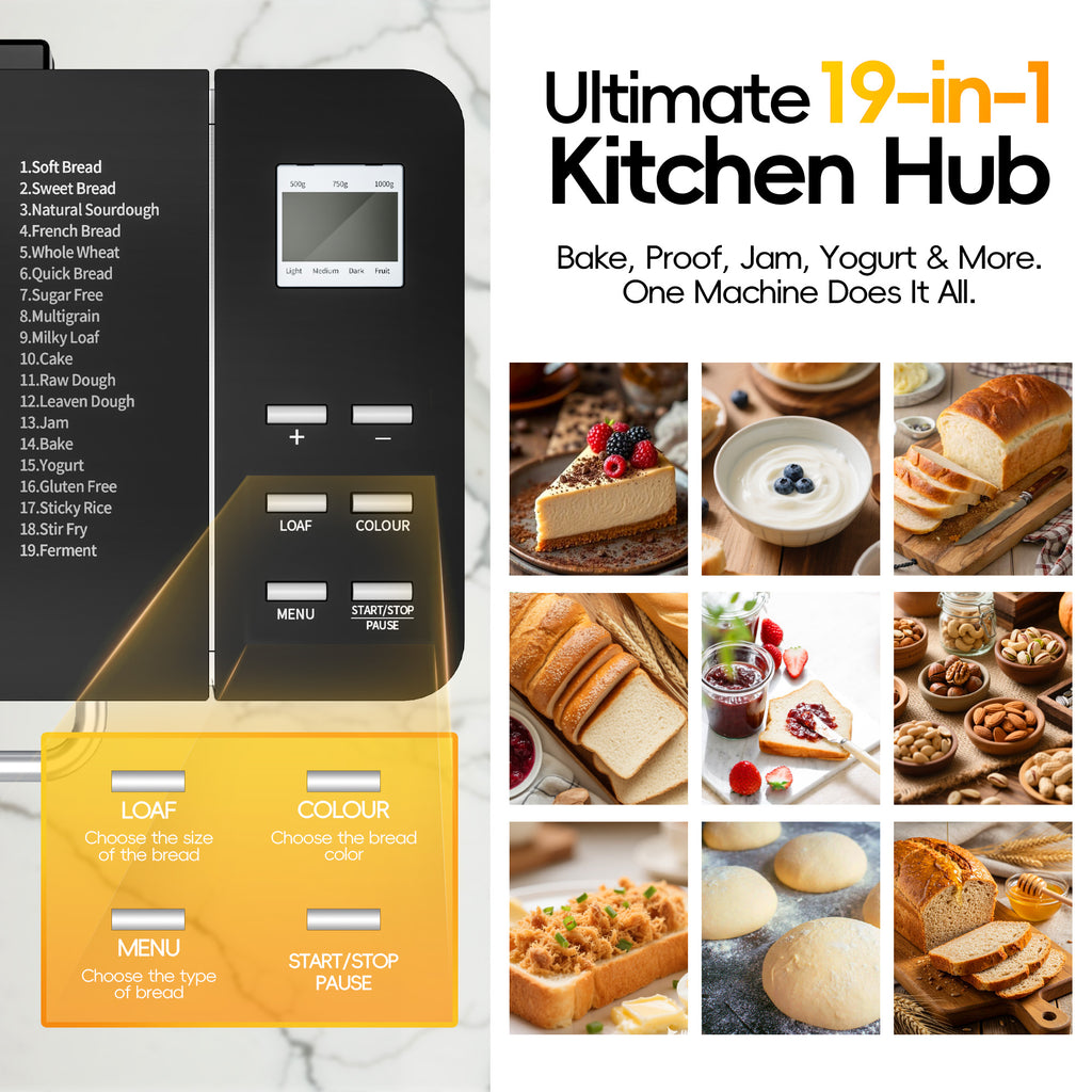 Nepsam 1.5LB & 2LB Bread Maker, 19 Preset Programmes, 3 Crust Colour Settings, 360° Baking, Keep-warm and Timer Functions, Silver