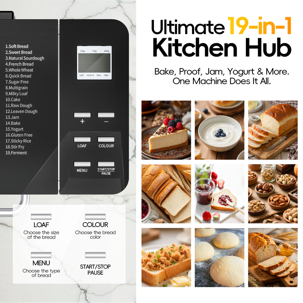 Nepsam 1.5LB & 2LB Bread Maker, 19 Preset Programmes, 3 Crust Colour Settings, 360° Baking, Keep-warm and Timer Functions, Silver