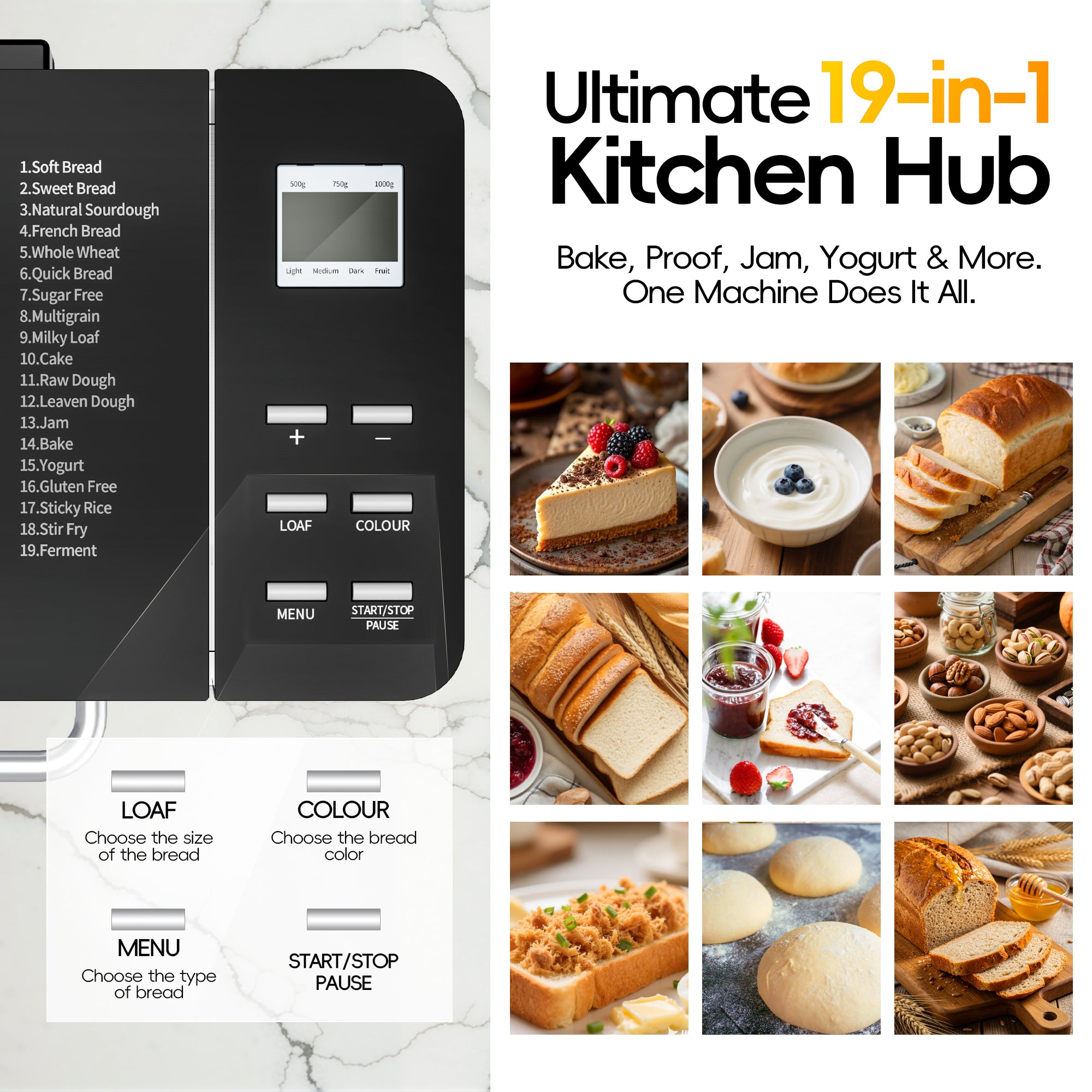 Nepsam 1.5LB & 2LB Bread Maker, 19 Preset Programmes, 3 Crust Colour Settings, 360° Baking, Keep-warm and Timer Functions, Silver