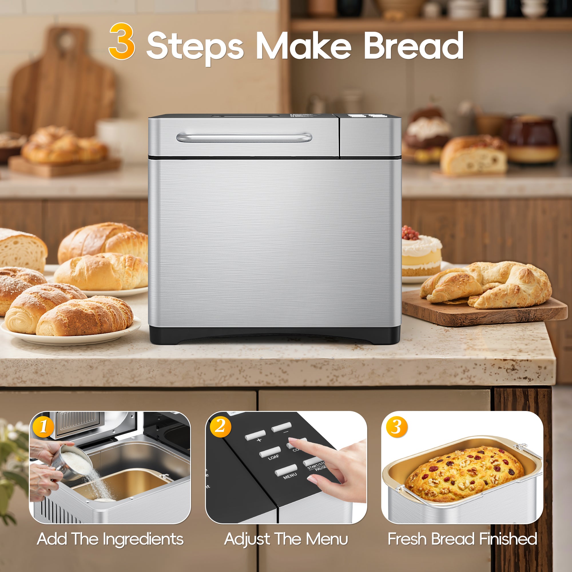 Nepsam 1.5LB & 2LB Bread Maker, 19 Preset Programmes, 3 Crust Colour Settings, 360° Baking, Keep-warm and Timer Functions, Silver