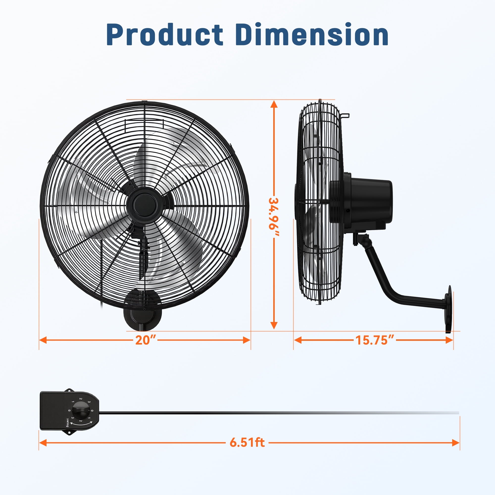 Nepsam Wall Mount Fan, 20 Inch,3-speed, Waterproof Oscillating Industrial Wall Fan, for Warehouse, Greenhouse, Workshop, Patio (Black, ETL Listed)