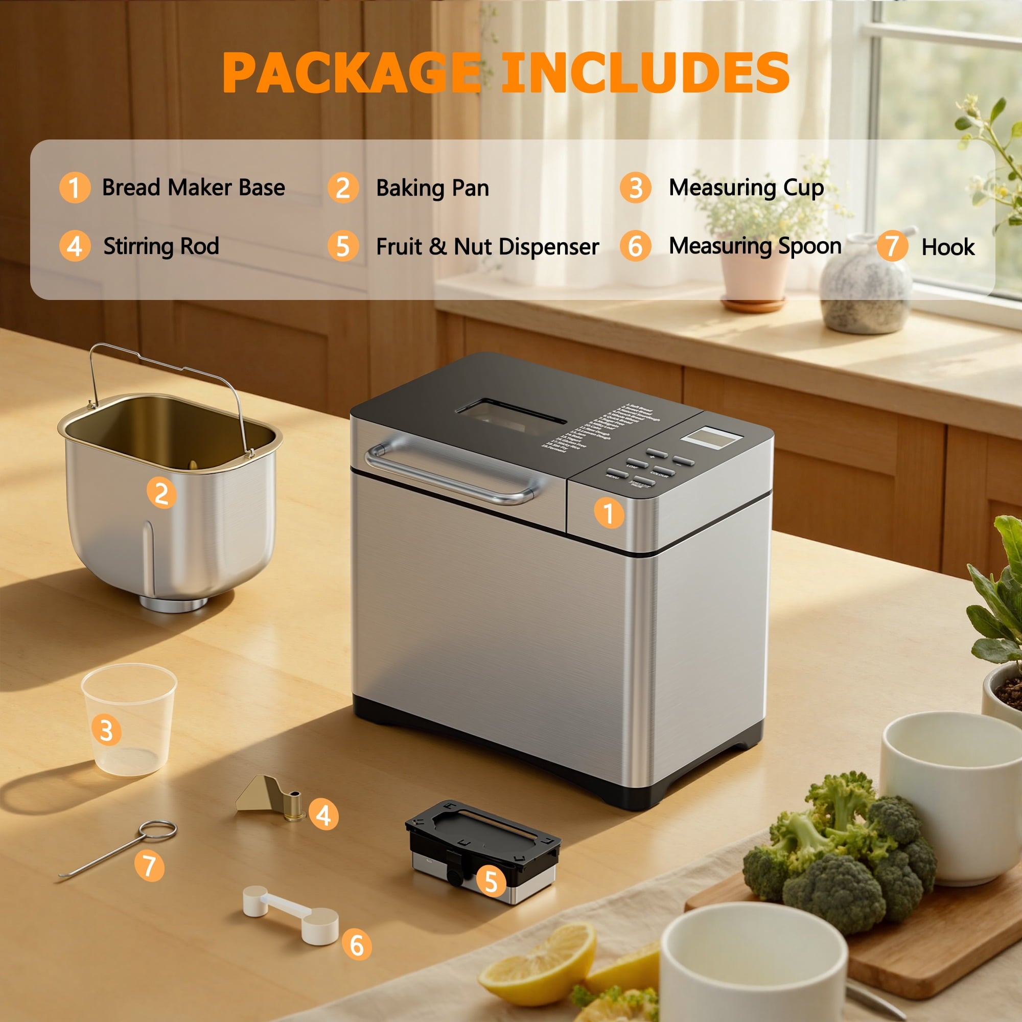 Nepsam 19-in-1 Stainless Steel Bread Maker Machine, Automatic LCD Display with 15H Timer & 1H Keep Warm (Silver)