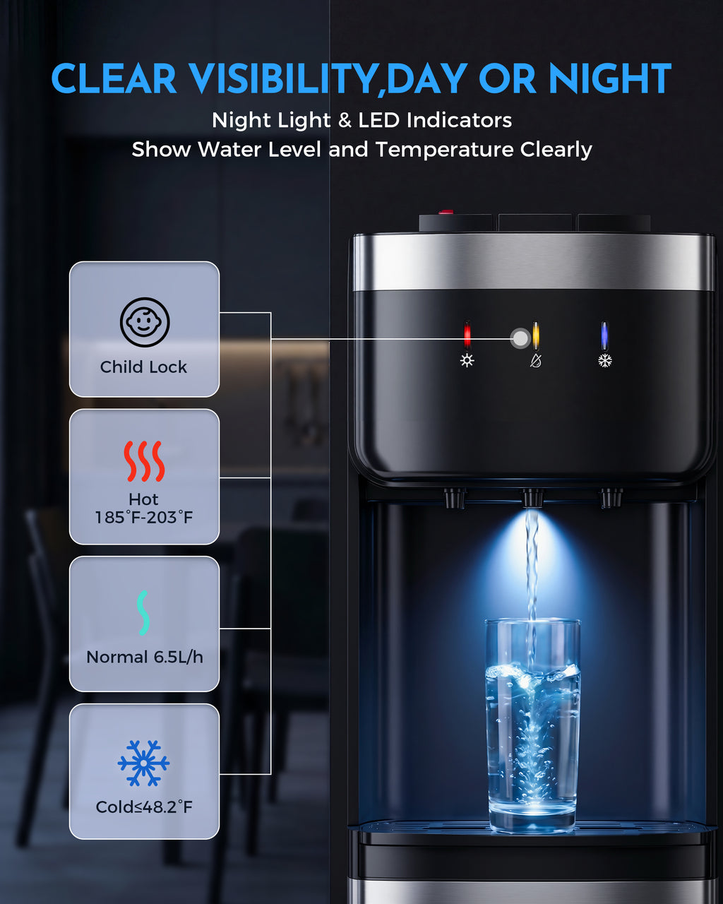 Nepsam Bottom Loading Water Cooler Dispenser, No Heavy Lifting 3-5 Gallon, 3-Temperature Hot/Cold/Room Water, Child Lock, for Home & Office, Gray