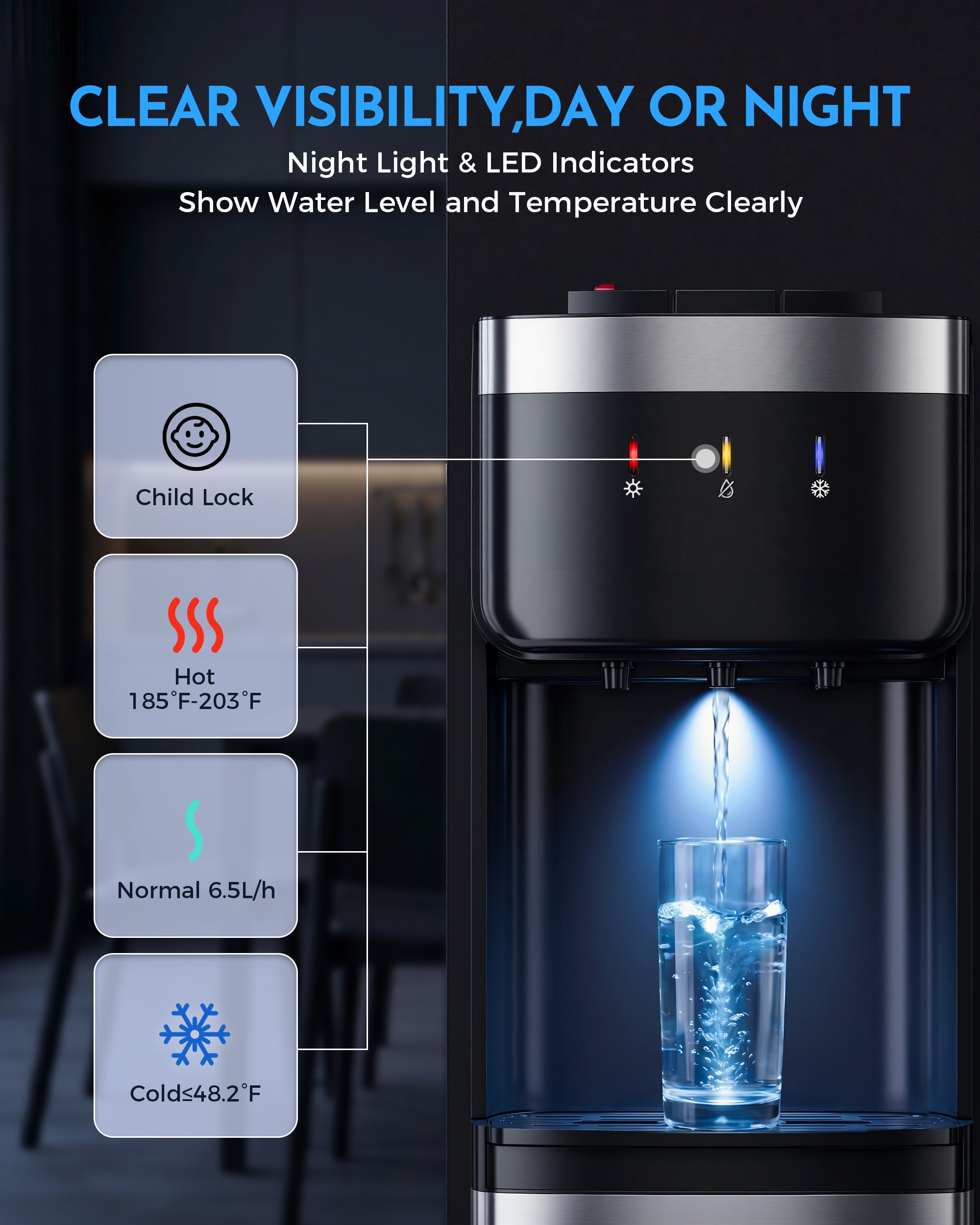Nepsam Bottom Loading Water Cooler Dispenser, No Heavy Lifting 3-5 Gallon, 3-Temperature Hot/Cold/Room Water, Child Lock, for Home & Office, Gray