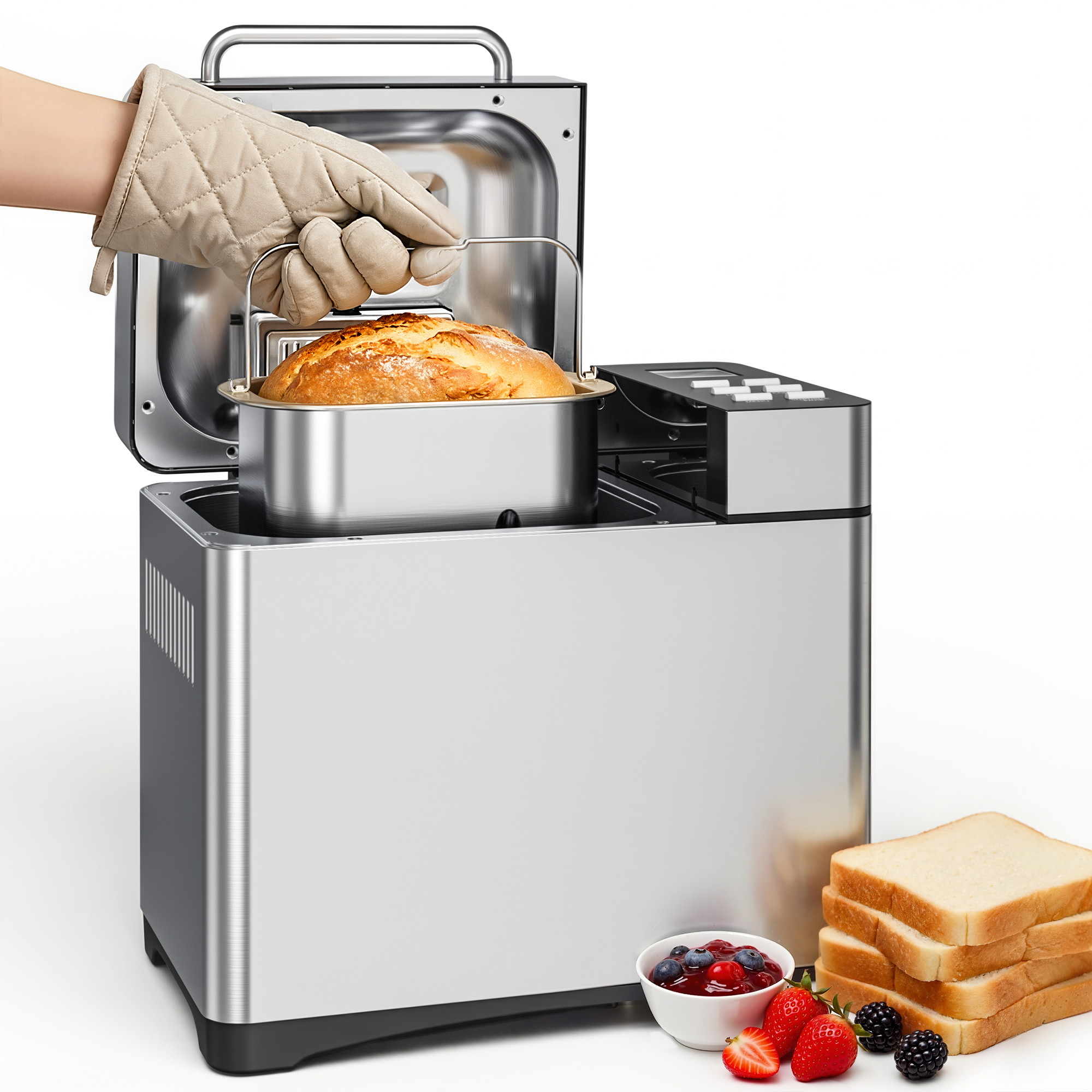 Nepsam 1.5LB & 2LB Bread Maker, 19 Preset Programmes, 3 Crust Colour Settings, 360° Baking, Keep-warm and Timer Functions, Silver