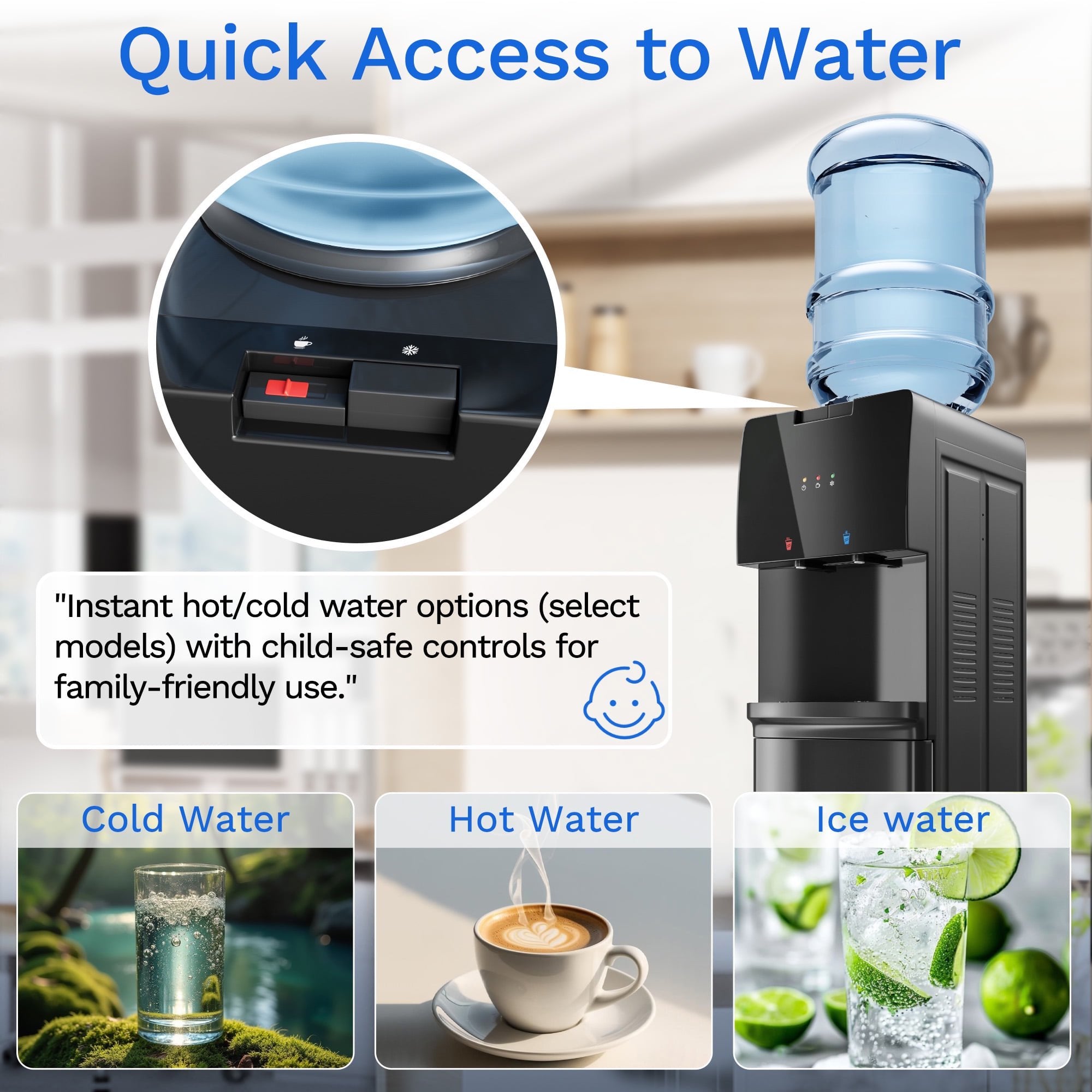 Nepsam 120V 60Hz Compressor Cooling Water Dispenser, 650W Hot & Cold Water Dispenser with Type I Shock Protection, 6.5L/h Hot 1.2L/h Cold Output for Home Office