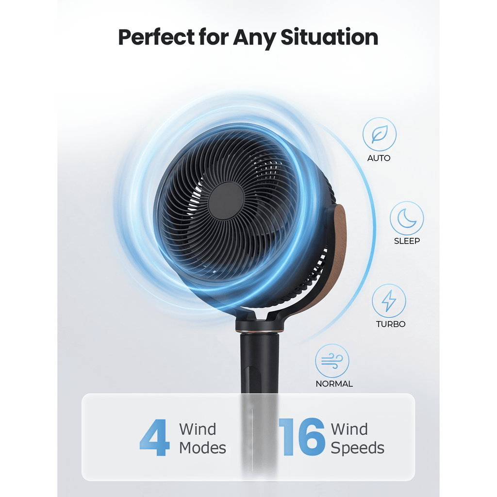Nepsam 120° Oscillating Standing Fan, 16 Speeds DC Motor, 4 Modes, Adjustable Height, 12H Timer, Black
