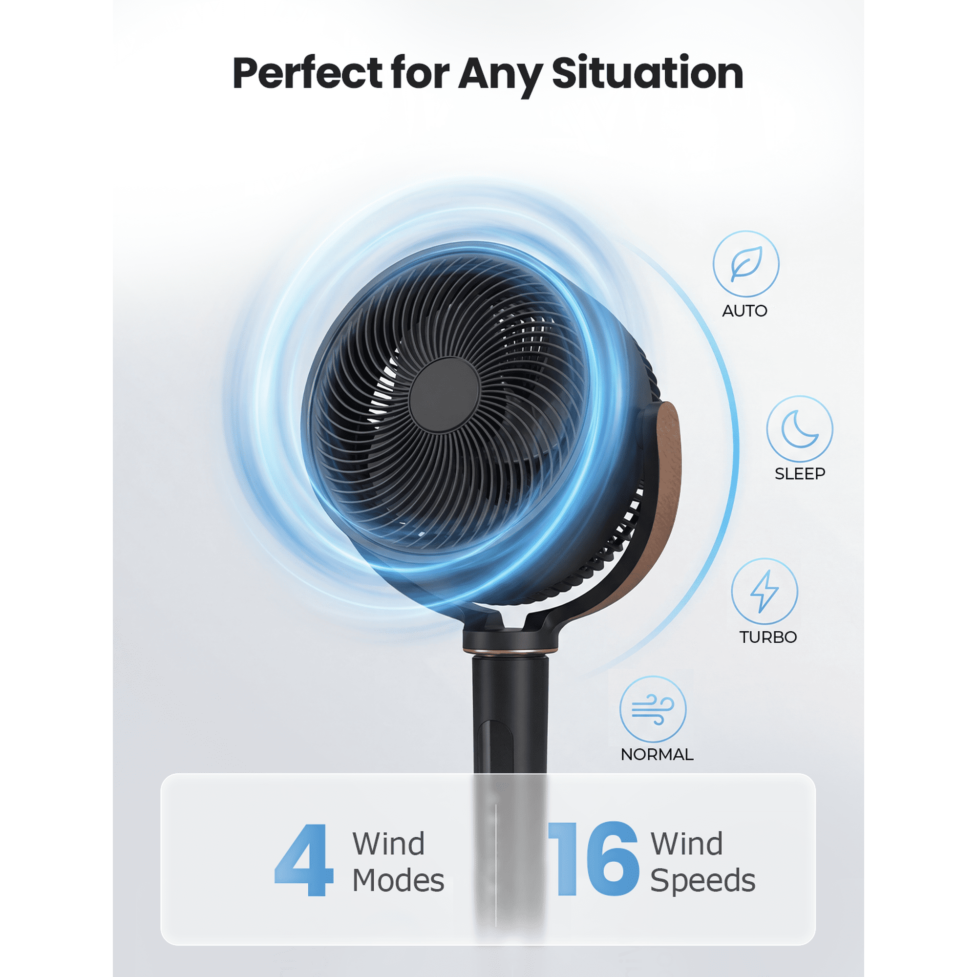 Nepsam 120° Oscillating Standing Fan, 16 Speeds DC Motor, 4 Modes, Adjustable Height, 12H Timer, Black