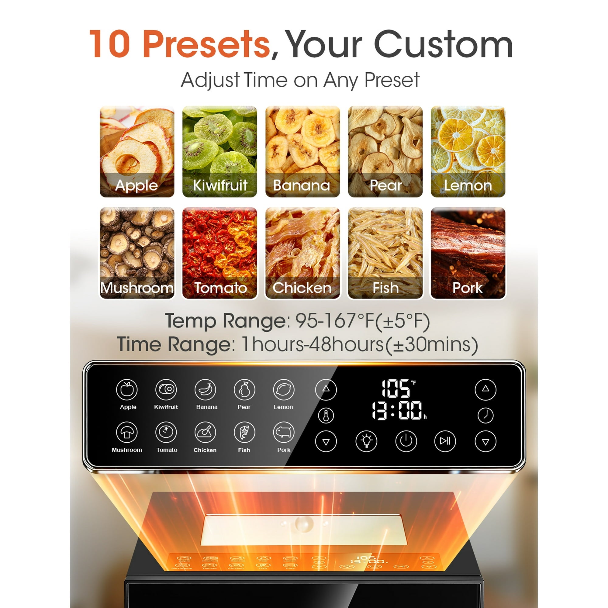 Nepsam 850W Food Dehydrator, 10 Stainless Steel Trays, 167°F Dehydrated Dryer for Dog Treats, Meat, Fruit, Veggies, Snacks(Black)