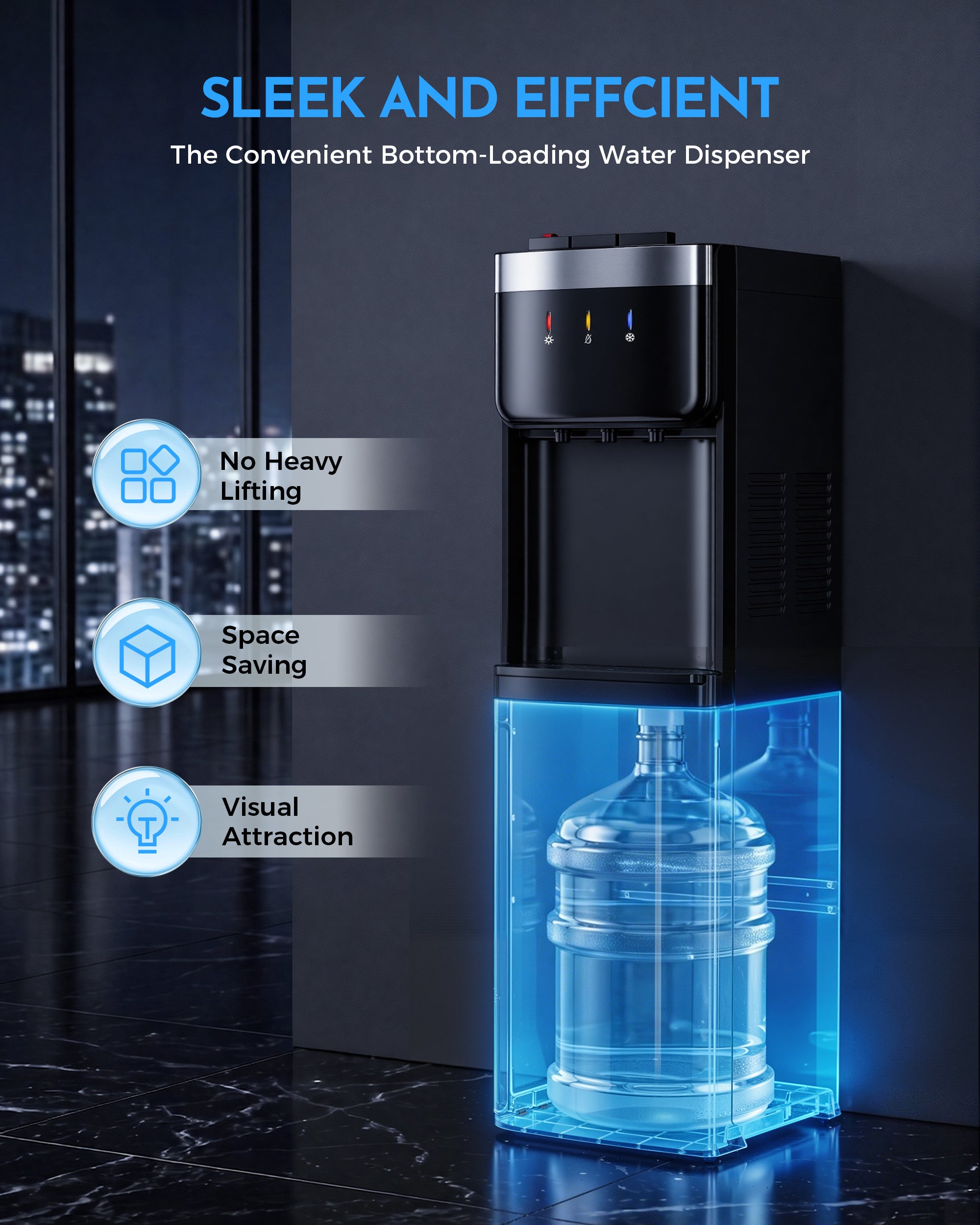 Nepsam Bottom Loading Water Cooler Dispenser, No Heavy Lifting 3-5 Gallon, 3-Temperature Hot/Cold/Room Water, Child Lock, for Home & Office, Gray