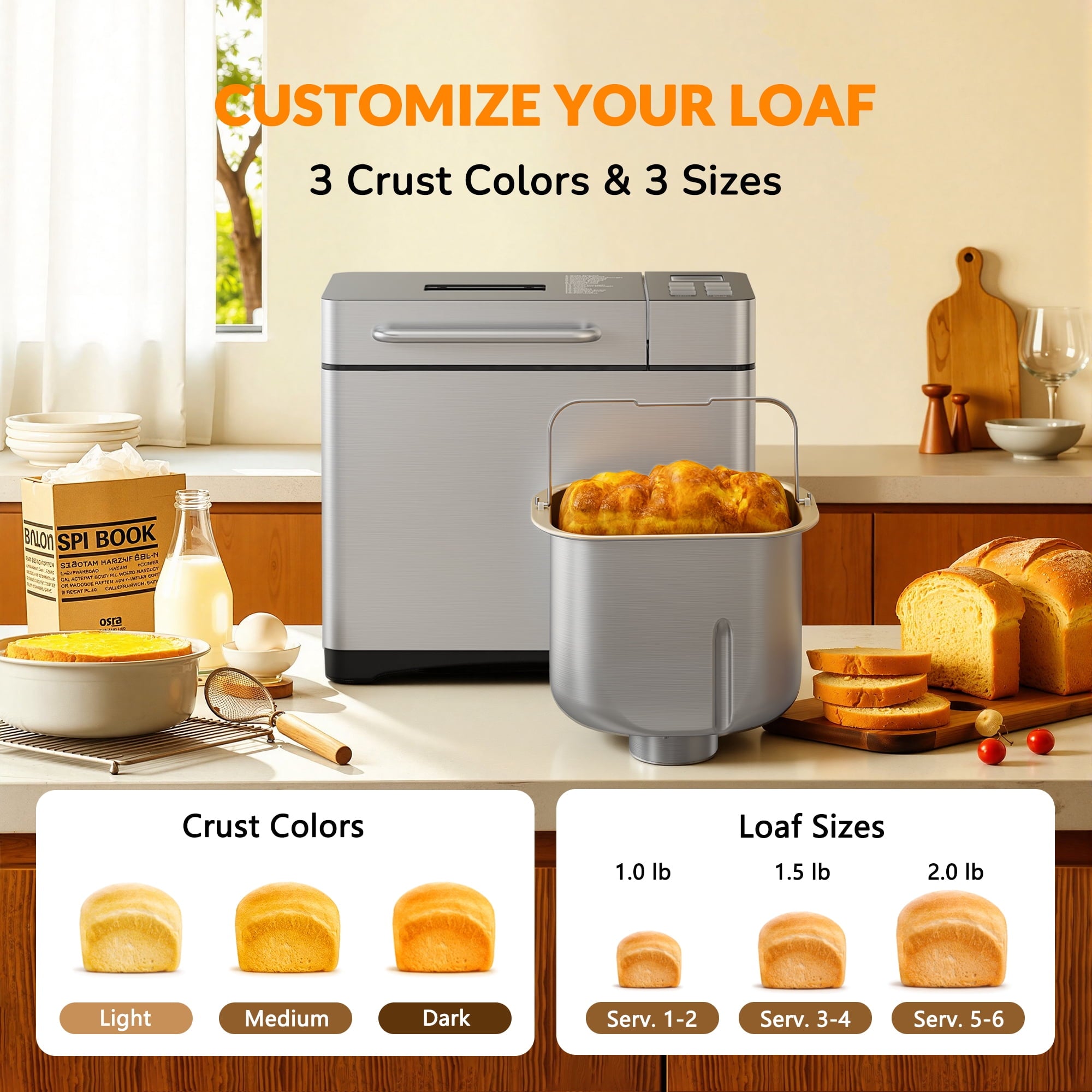 Nepsam 19-in-1 Stainless Steel Bread Maker Machine, Automatic LCD Display with 15H Timer & 1H Keep Warm (Silver)