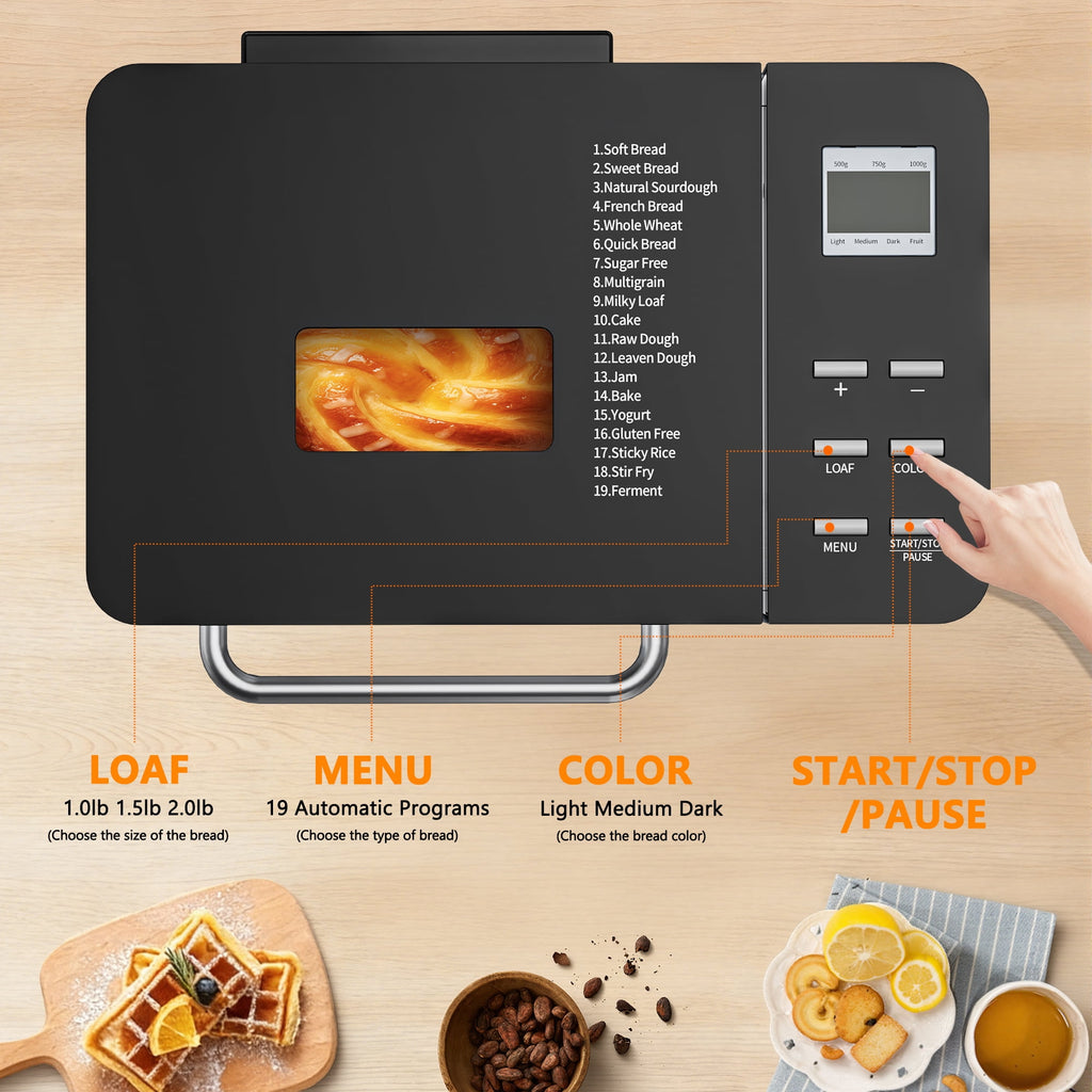 Nepsam 19-in-1 Stainless Steel Bread Maker Machine, Automatic LCD Display with 15H Timer & 1H Keep Warm (Silver)