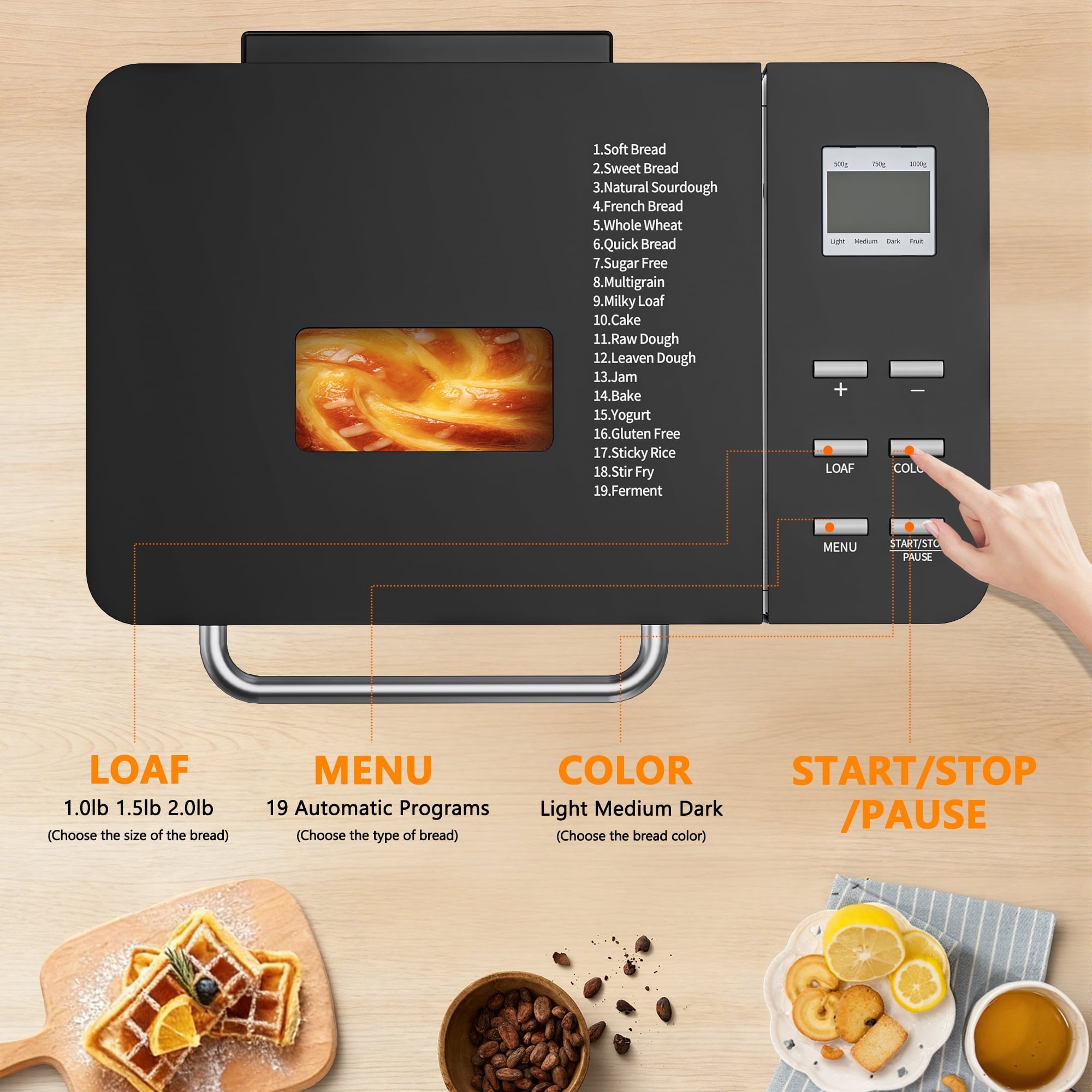 Nepsam 19-in-1 Stainless Steel Bread Maker Machine, Automatic LCD Display with 15H Timer & 1H Keep Warm (Silver)