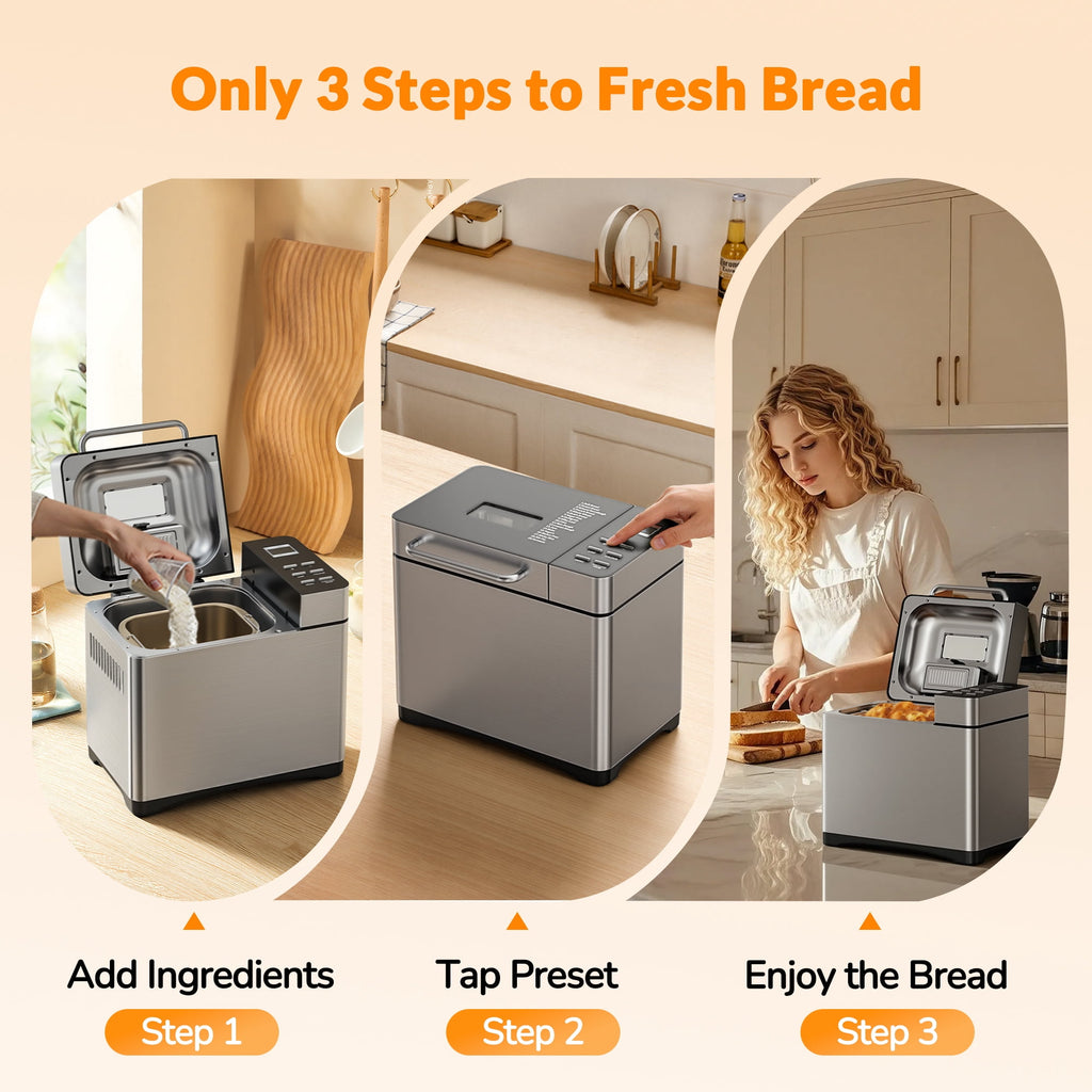 Nepsam 19-in-1 Stainless Steel Bread Maker Machine, Automatic LCD Display with 15H Timer & 1H Keep Warm (Silver)