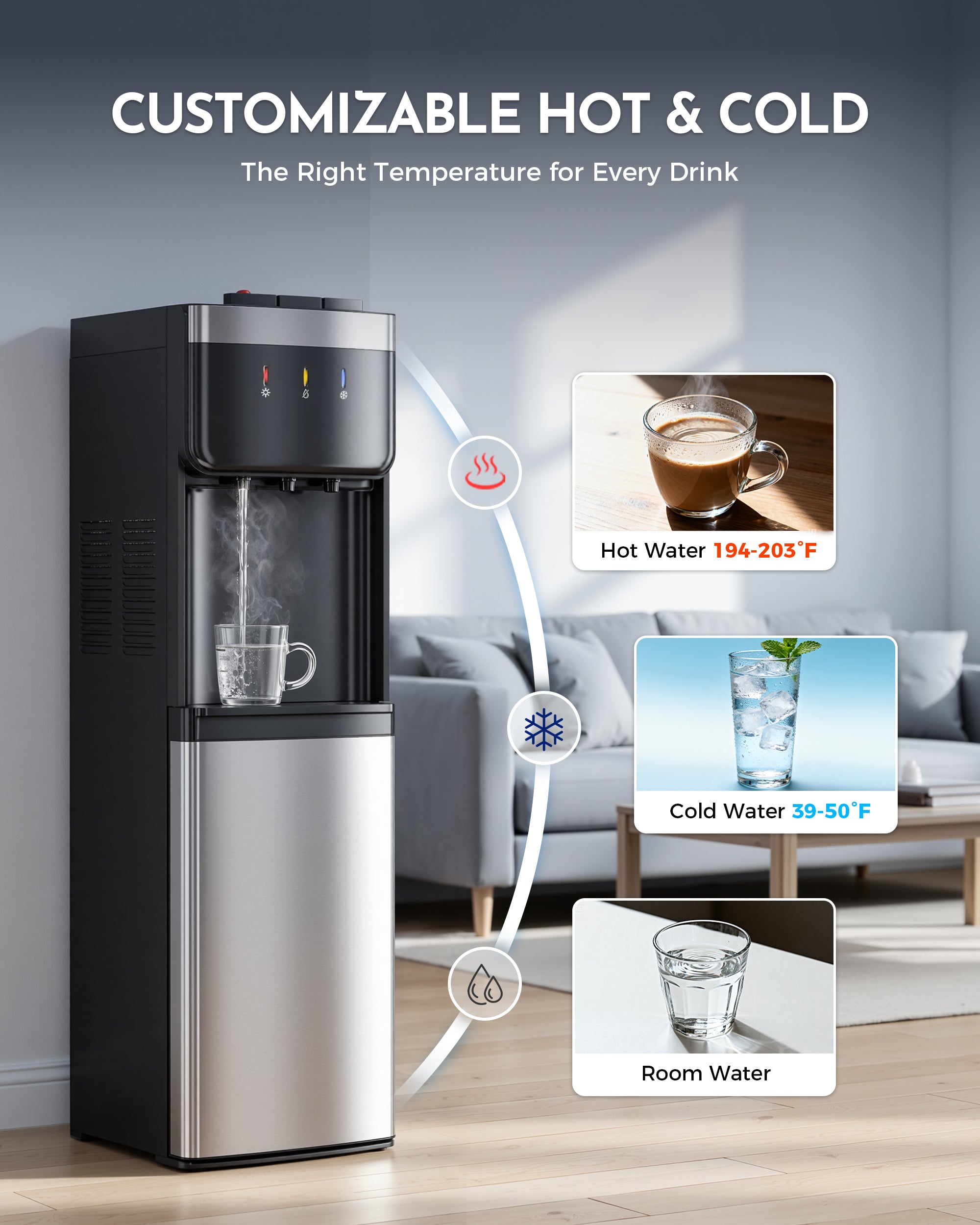 Nepsam Bottom Loading Water Cooler Dispenser, No Heavy Lifting 3-5 Gallon, 3-Temperature Hot/Cold/Room Water, Child Lock, for Home & Office, Gray