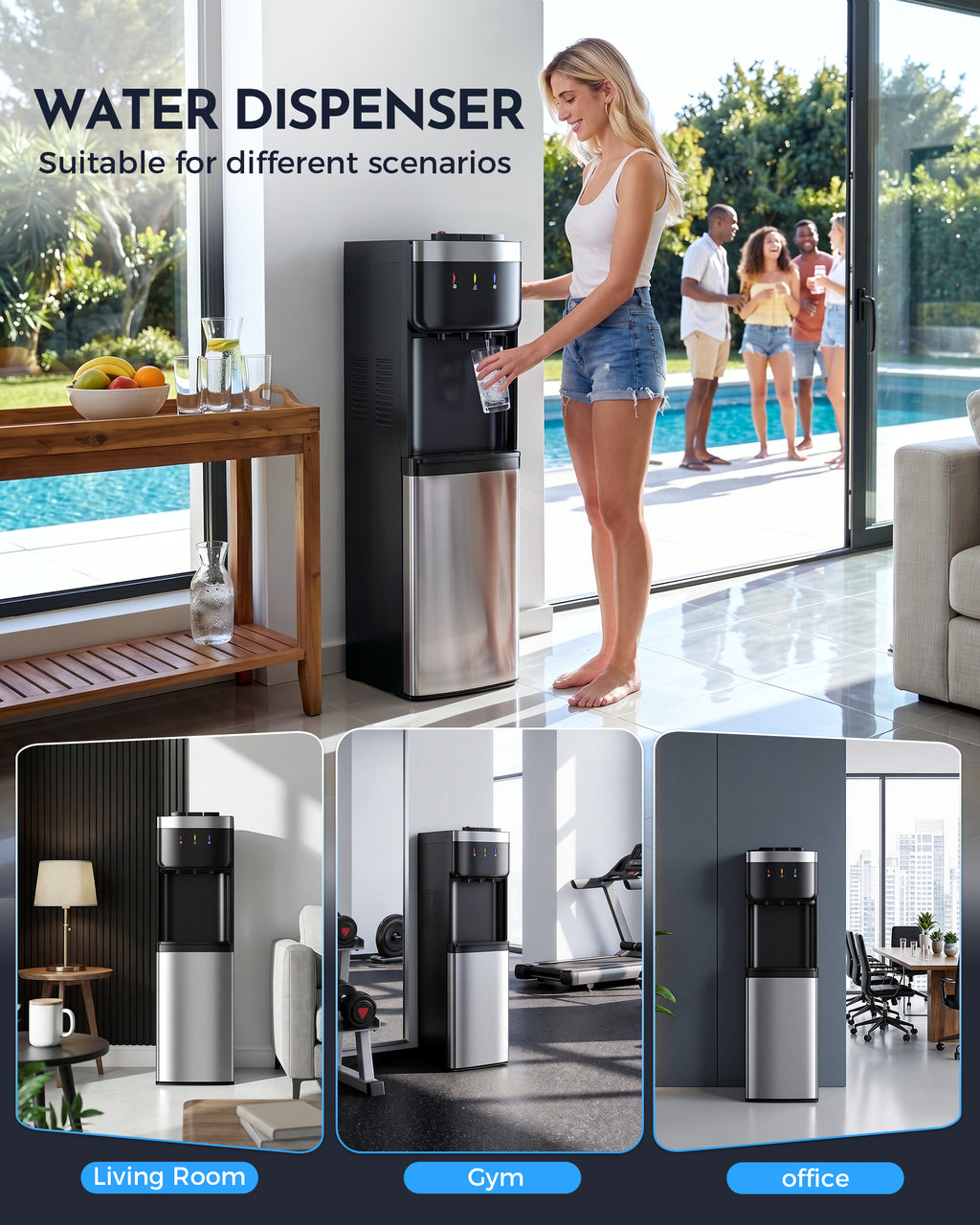 Nepsam Bottom Loading Water Cooler Dispenser, No Heavy Lifting 3-5 Gallon, 3-Temperature Hot/Cold/Room Water, Child Lock, for Home & Office, Gray