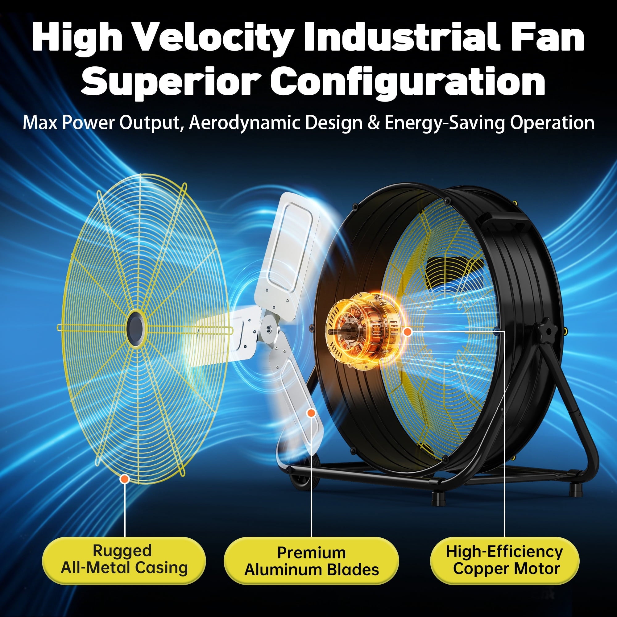 Nepsam 30" Industrial Drum Fan, 3 Speed Air Circulator w/180°Tilt, With Metal Wheels, for Commercial, Factory and Garage，Black