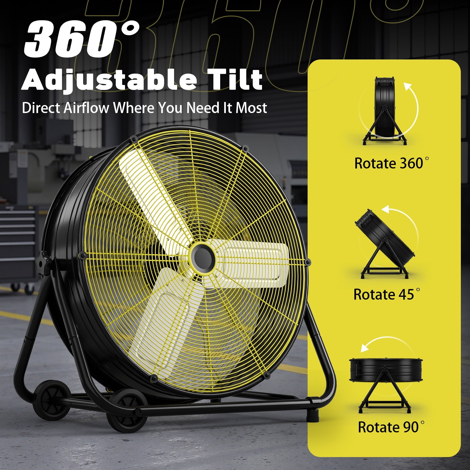 Nepsam 24" Industrial Drum Fan, 3 Speed Air Circulator w/180°Tilt, With Metal Wheels, for Commercial, Factory and Garage，Black