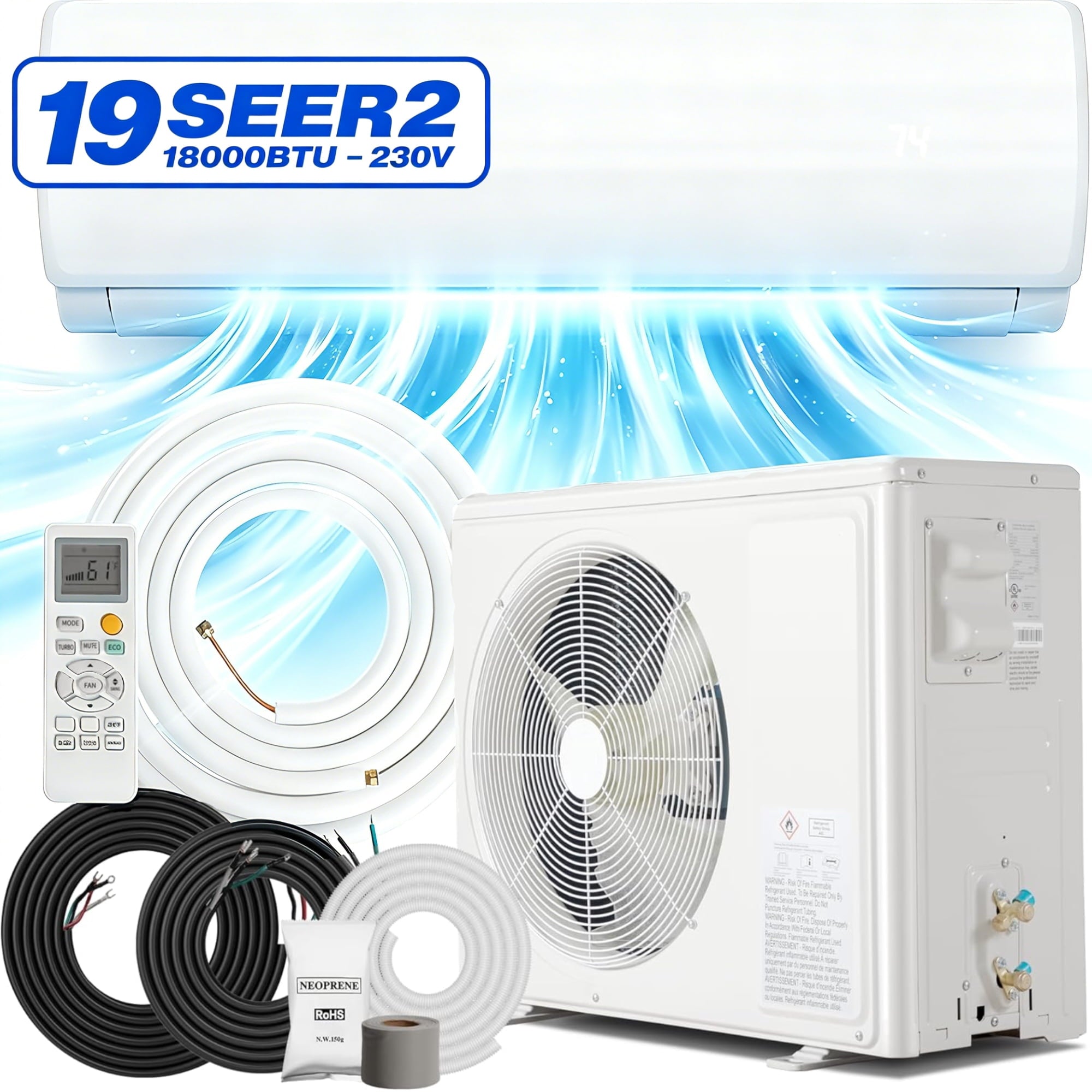 Nepsam 18000 BTU Mini Split Air Conditioner 19 SEER2 230V Inverter AC, Wall Mounted Heating Cooling System, 1250 Sq. Ft, Turbo Self-Cleaning for Home Bedroom