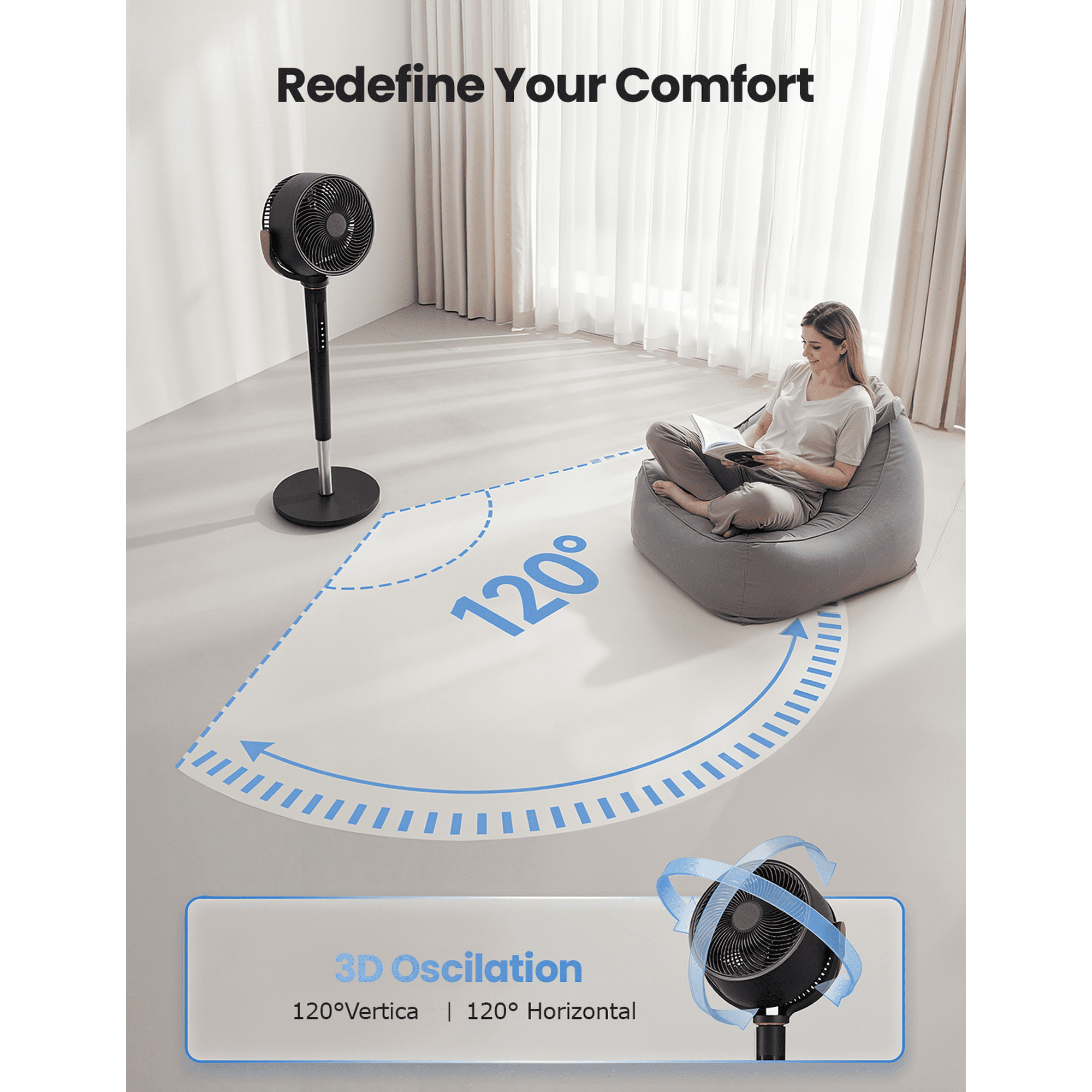 Nepsam 120° Oscillating Standing Fan, 16 Speeds DC Motor, 4 Modes, Adjustable Height, 12H Timer, Black