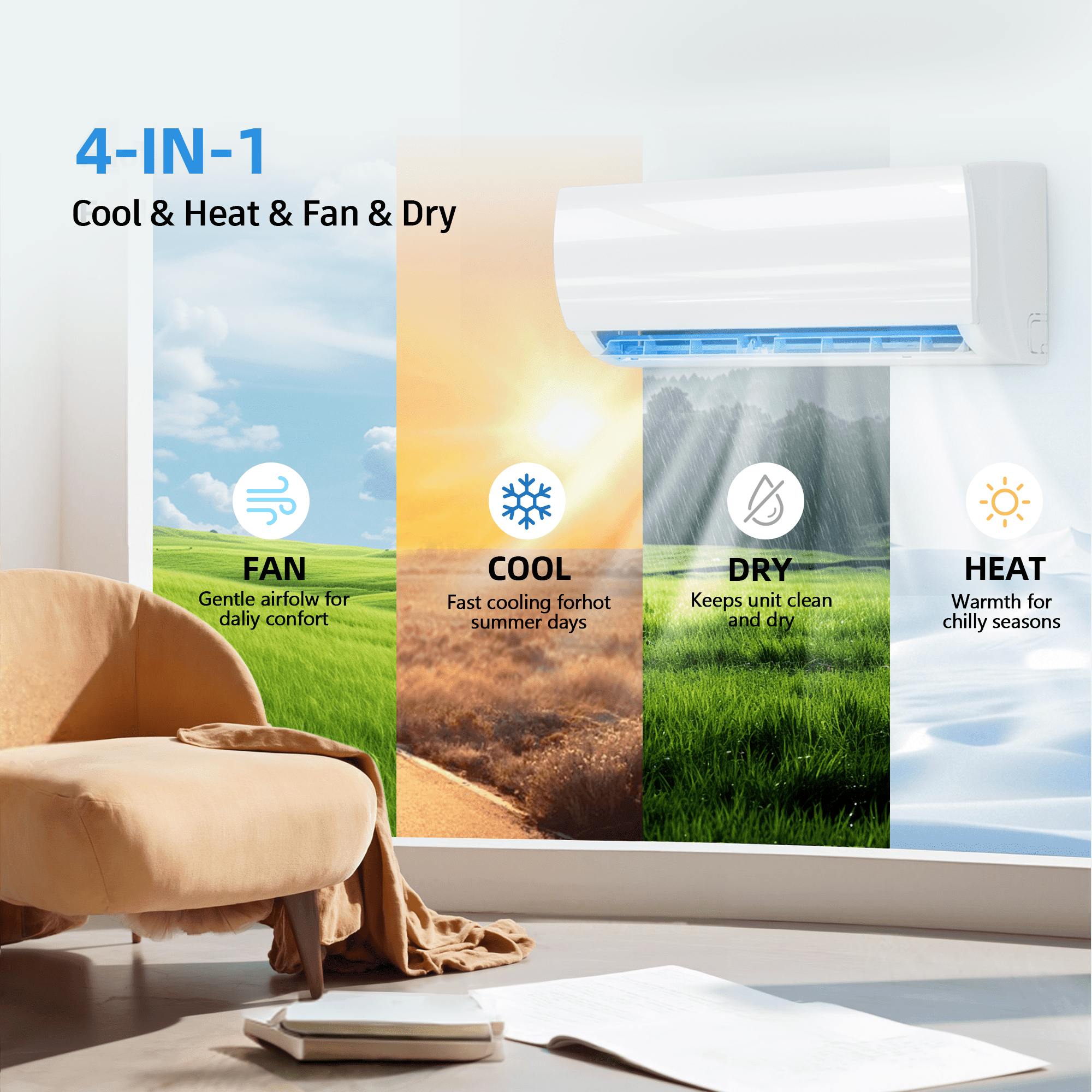 Nepsam 12000 BTU Mini Split Air Conditioner 19 SEER2 115V Inverter AC, Wall Mounted Heating Cooling System, 750 Sq. Ft, Turbo Self-Cleaning for Home Bedroom