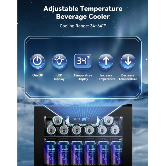Nepsam 115V Single Zone Beverage Cooler, 34-64°F, Reversible Door, Touch Control, LED Ligh
