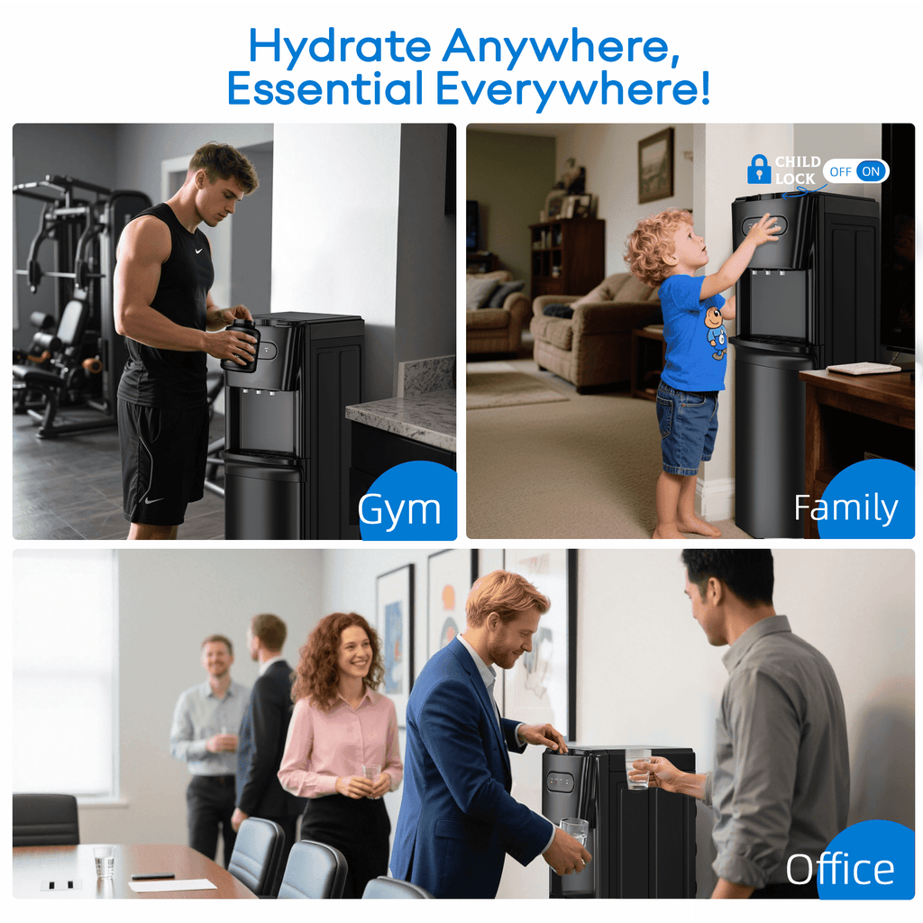Nepsam 120V Water Dispenser Hot Cold Warm, 560W Heating 100W Cooling, 6.5L/h Hot 15L/h Cold Output, R134a Refrigerant, IEC Shock Protection, Home Office Use